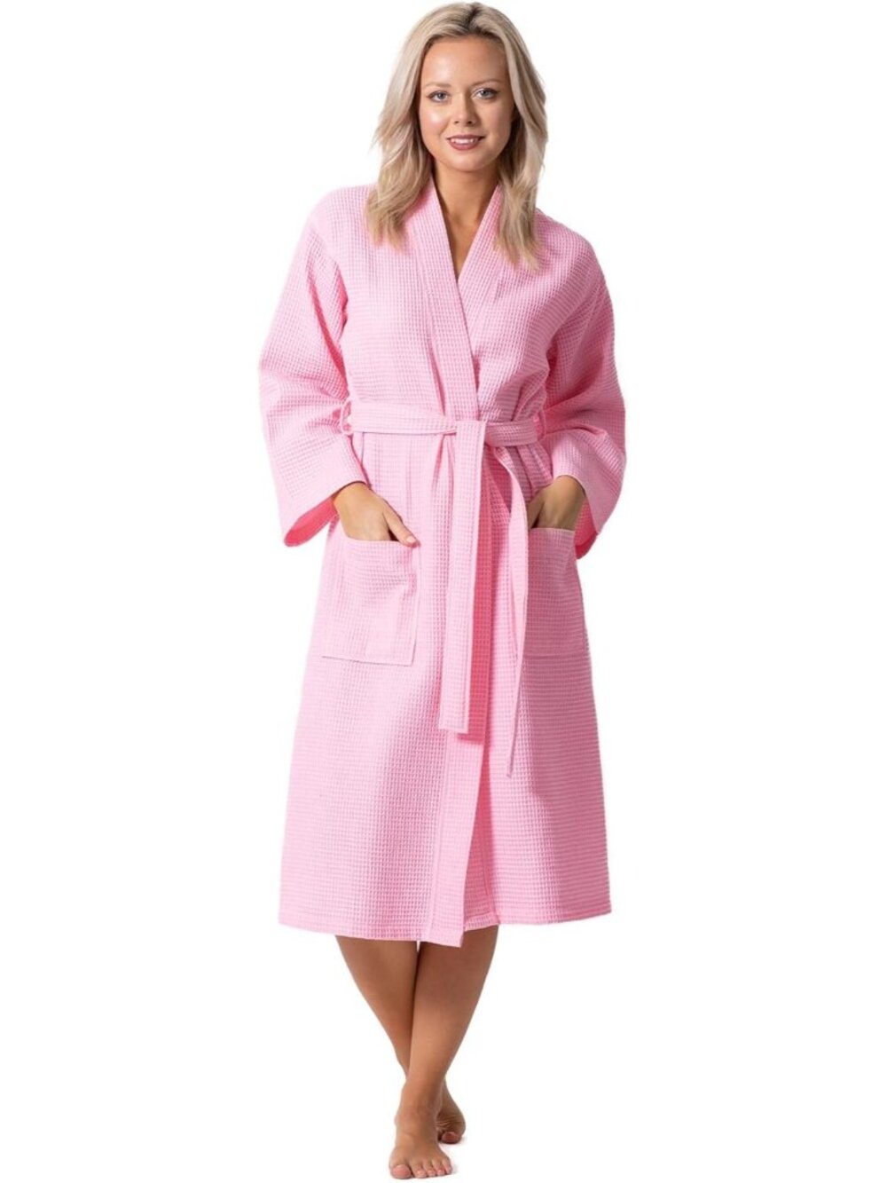 〽️Women's Bathrobe Pink Waffle Knit Long Sleeves Kimono Spa Quick Dry Soft Robe